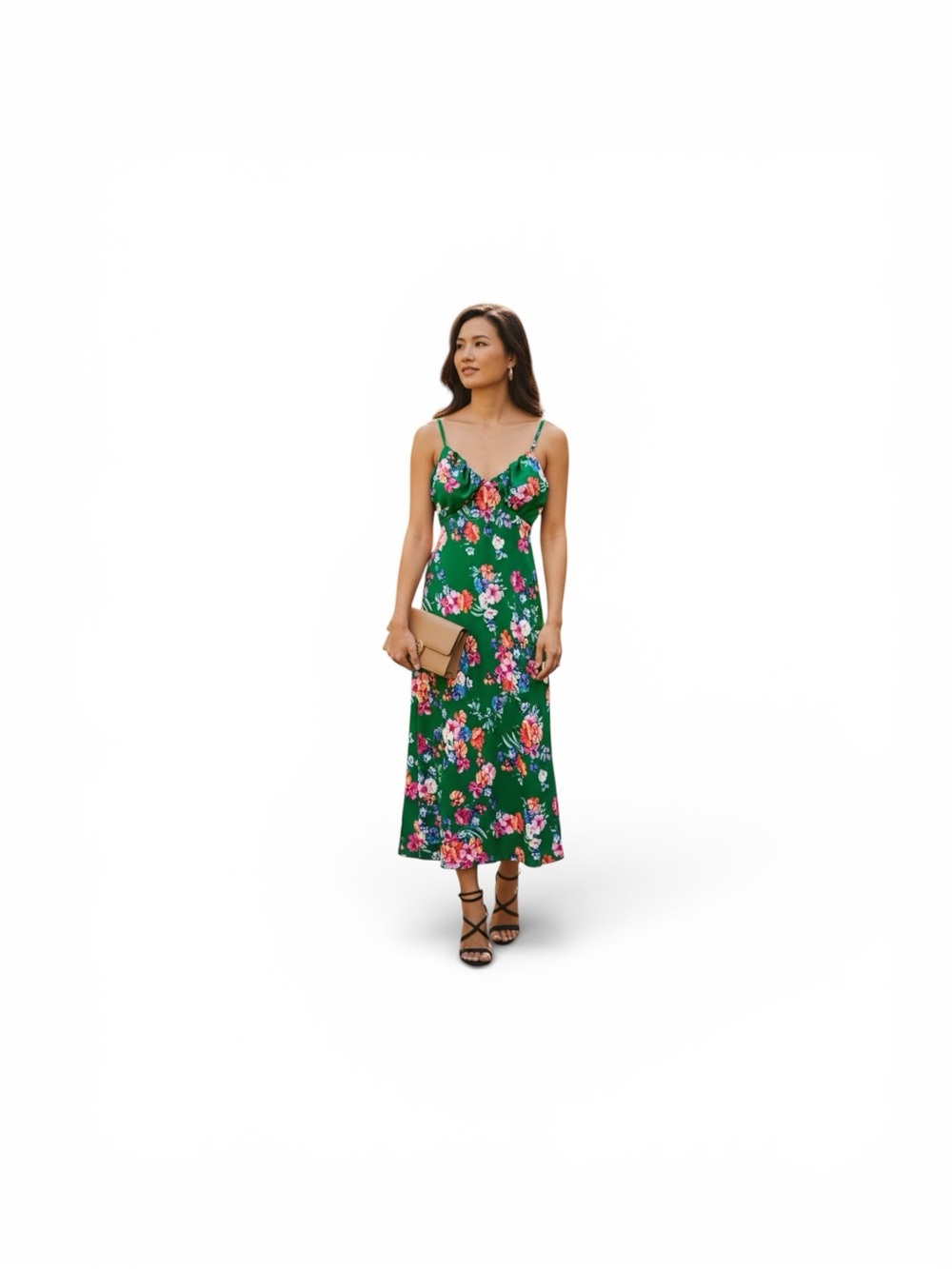 Guess Green Floral Midi Dress with Pink & Orange Blooms